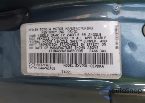 2001 Toyota Camry Ce z USA, uszkodzony, nr VIN 4T1BG22K81U850995